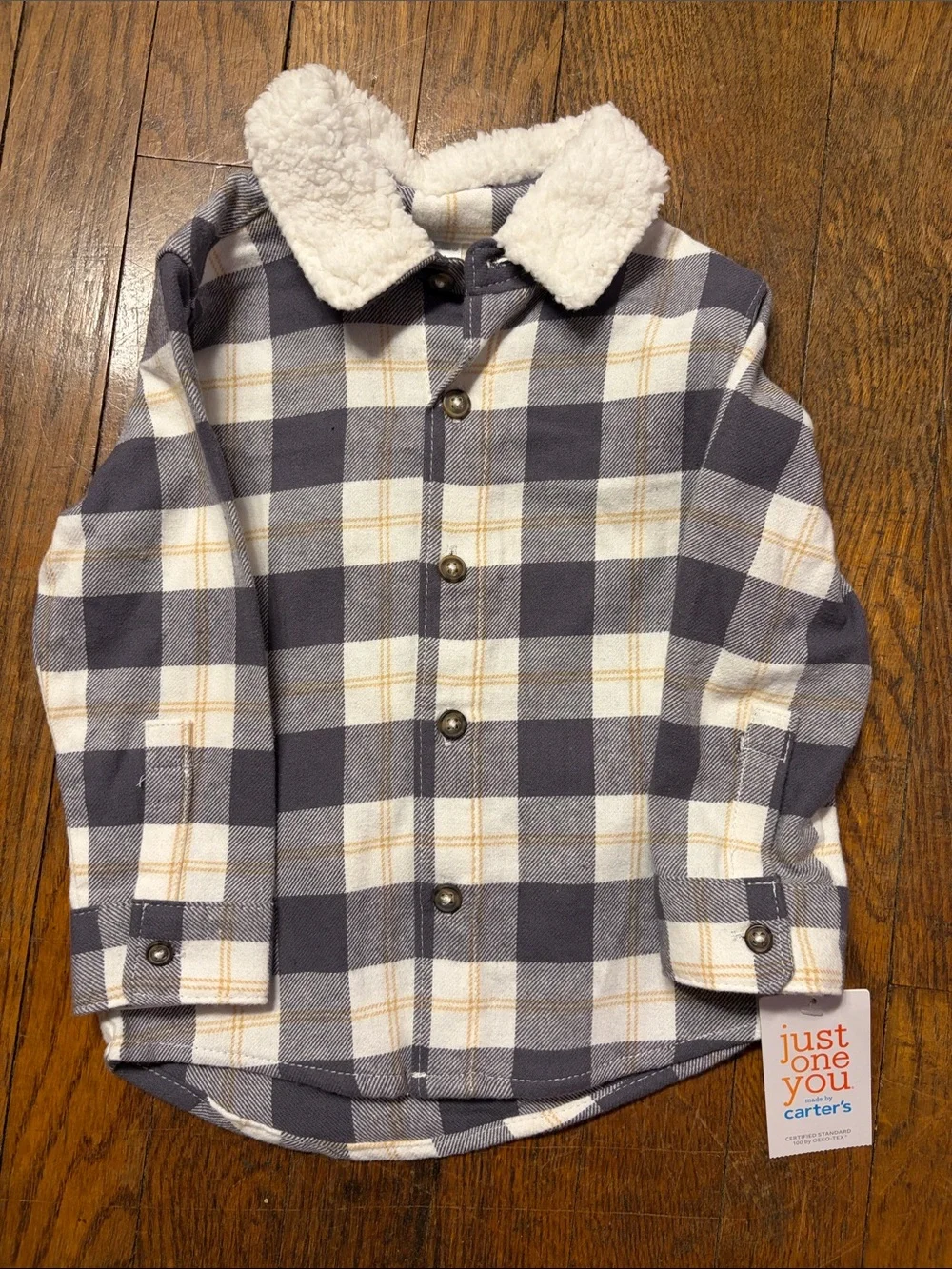 Carter's Gray and Cream Plaid Sherpa-Collar Button Shirt